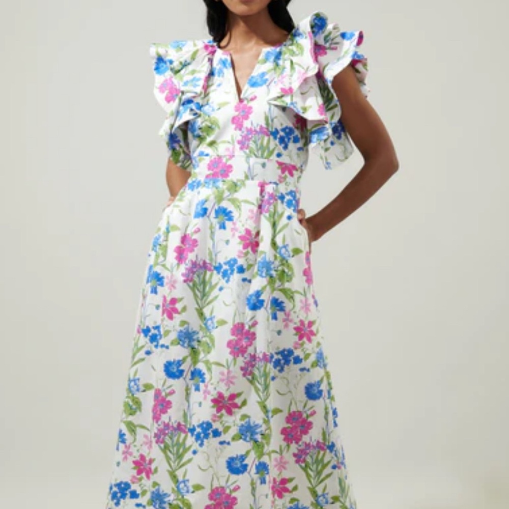 Sugar Lips In Bloom Floral Santana Ruffle Sleeve Tie Back Midi Dress M